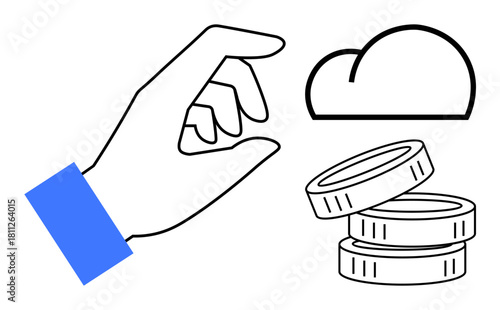 Hand picking coins, cloud above. Ideal for technology, finance, savings, investment, cloud computing, digital economy innovation. Simple flat metaphor promoting futuristic trends