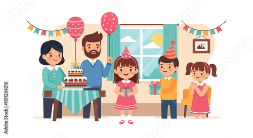 Birthday celebration at home with cake and gifts, cheerful family celebrating girl's special day