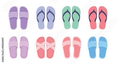 Colorful collection of summer flip flops arranged in neat rows overhead