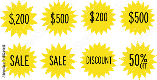 Yellow Crayon Starburst Sale Stickers with Rough Texture.