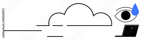Eye with raindrop and laptop under a cloud symbolizing data security, cloud storage, system monitoring, internet safety, online risk, technology management, digital trust. Simple flat metaphor