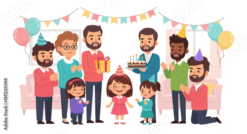 A large, joyful multi-generational family celebrating a little girl's birthday party with cake and gifts