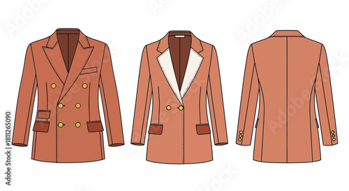 Fashion design sketch of an orange double breasted blazer front and back views