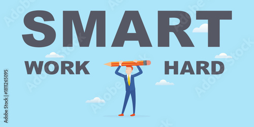 Smart work hard business concept with man holding pencil