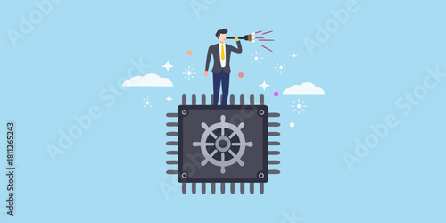 Kubernetes visionary man with spyglass on kubernetes platform