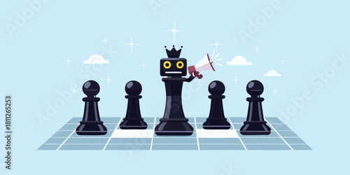 Chess robot king with megaphone leading pawns on a chessboard