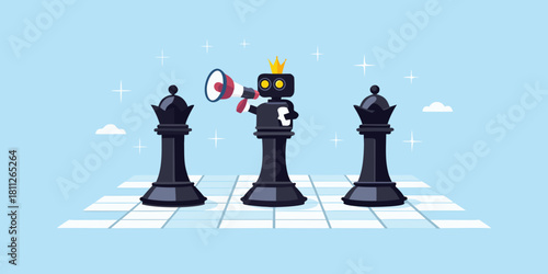 Robot strategist announcing victory on chessboard with queen pieces