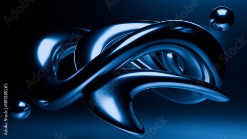 Fluid liquid blue glass shapes and spheres abstract background. 3d illustration
