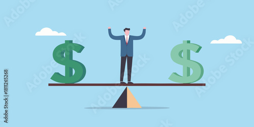 Businessman balancing on seesaw with dollar signs financial success concept