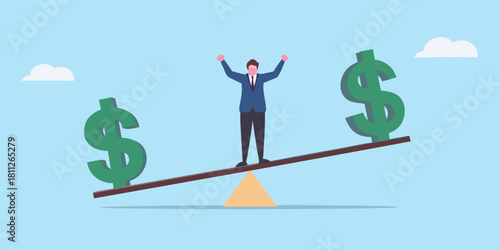 Businessman balancing on seesaw with dollar signs financial stability concept