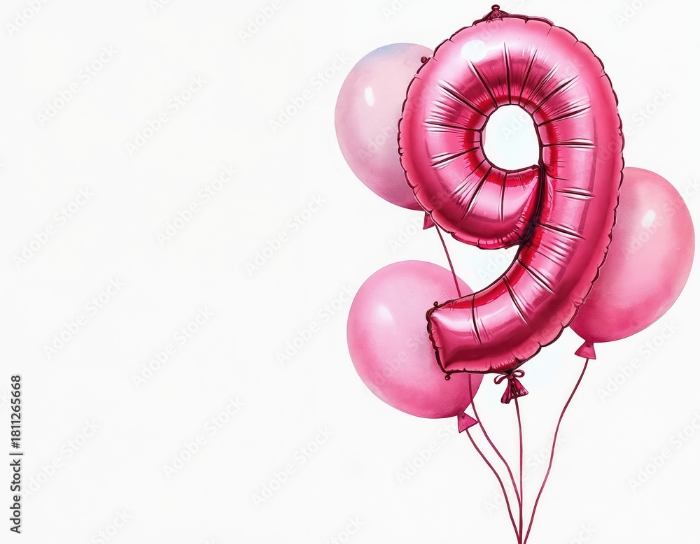 Obraz premium Shiny pink number 9 balloon floats with other pink party balloons. Perfect for celebrating ninth birthday or anniversary event. Festive watercolor art graphic design.