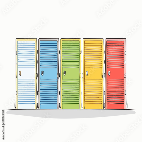 Colorful storage units at self storage facility with similar doors