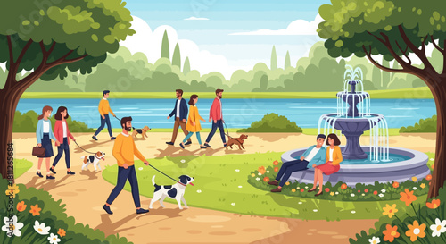 People Enjoying a Relaxing Day at the Park with Fountain and Dogs