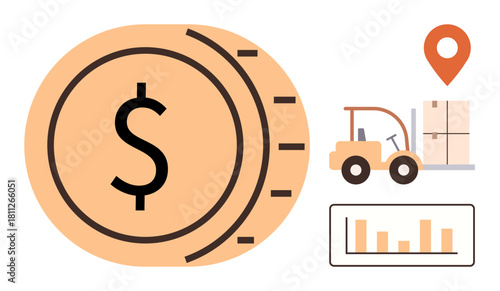 Dollar coin representing costs, forklift moving packages, location pin, and bar chart. Ideal for logistics, supply chain, finance, economy warehouse delivery and management concepts. Clear simple