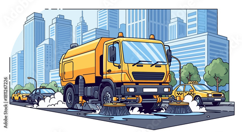 City Cleaning Street Sweeper Truck in Action, Keeping the Metropolis Tidy