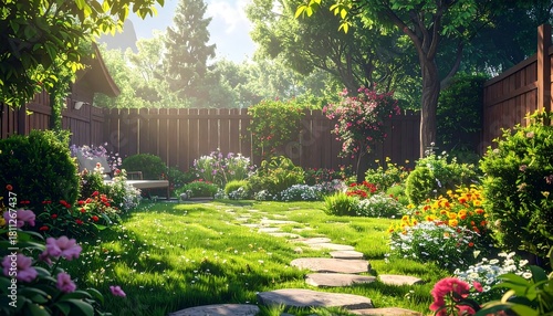 A sunlit backyard showcases a lush green lawn, vibrant flowerbeds, a wooden fence, and scattered stepping stones
