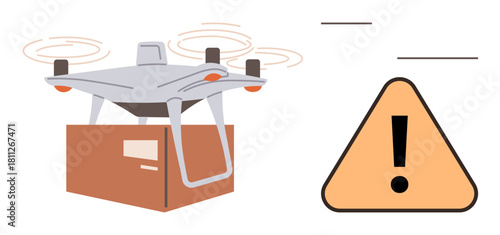 quadcopter flying above a package while a triangle caution sign indicates safety or risk awareness. Ideal for delivery, innovation, technology, logistics, safety, transportation, e-commerce themes