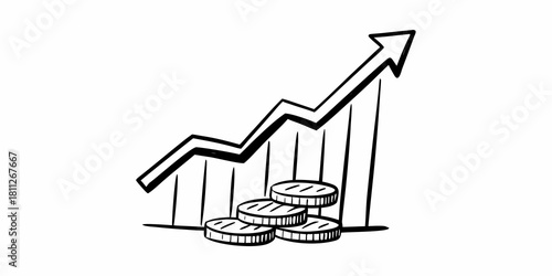 Illustration showing an upward trending arrow with stacked coins and vertical lines indicating growth