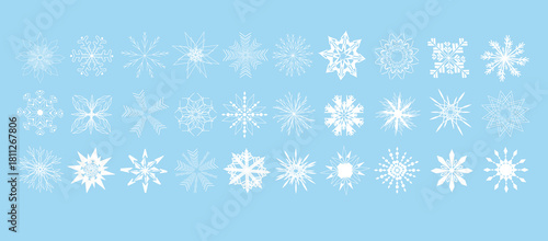 Realistic snowflakes Icons. Winter concept. Set of snowflakes on blue background. Snow, winter holidays. Vector illustration.