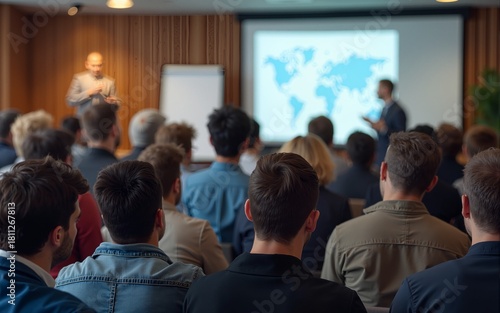 Wallpaper Mural Large diverse audience attends professional business seminar. Speaker presents to group using modern tech. Attendees listen, engage in learning. Event indoors, likely in corporate educational setting. Torontodigital.ca