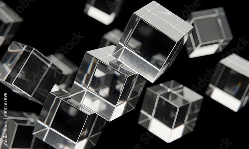 Abstract 3D Render of Floating Glass Cubes on Black Background, Transparent Reflective Geometric Design