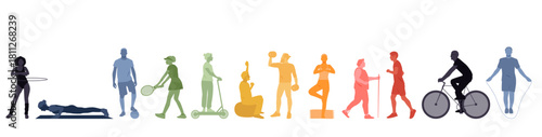 Colourful silhouettes of people engaged in diverse forms of physical activity.