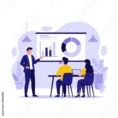 Business presentation with speaker and two attendees showing chart