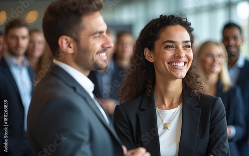 Business conference networking session. A women smiles at a conference. Group of diverse business people in background. Successful business people concept. High quality