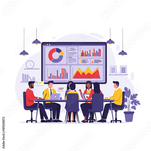 Business team sitting around table reviewing financial report on display