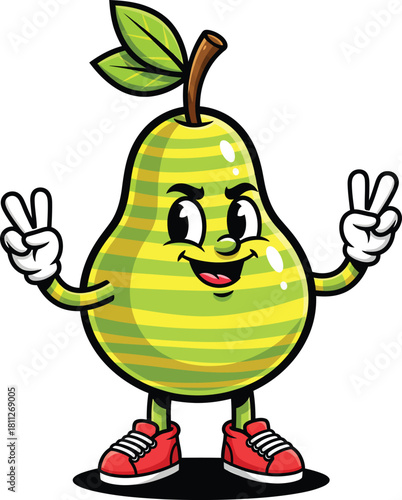 A cheerful striped green pear cartoon character making peace signs with both hands while wearing red sneakers.