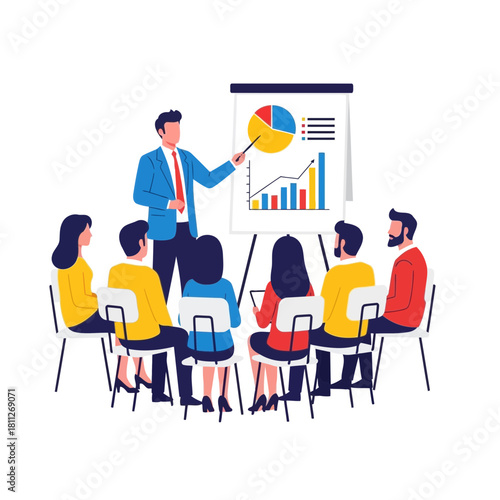 Business presentation with speaker and audience analyzing chart data