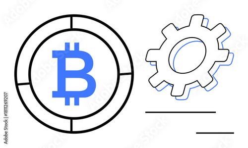 Bitcoin logo inside circle beside a cogwheel symbolizing cryptocurrency mechanism, blockchain, and cryptocurrency mining. Ideal for finance, technology, innovation, blockchain, cryptocurrency