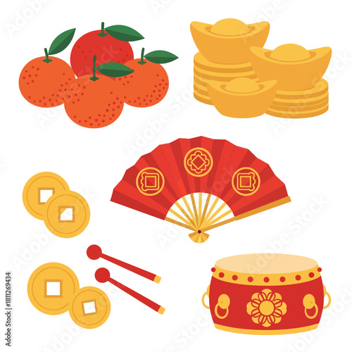Colorful Chinese New Year Cultural Icons Set Mandarin Oranges, Ingots, Fans, and Drums