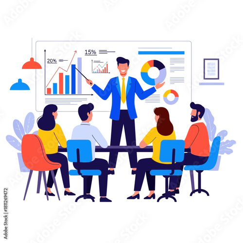 Business presentation with team analyzing chart data on a whiteboard