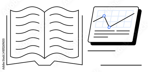 Open book highlighting knowledge and reading next to a graph displaying data trends. Ideal for education, research, analysis, learning, strategy, development, progress, simple flat metaphor