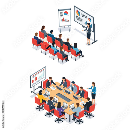 Isometric view of business meeting and training session in office