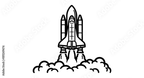 Space Shuttle Launch Icon Rocket Taking Off with Smoke Trail in Simple Outline Style