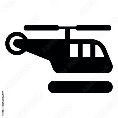 A simple black silhouette of a helicopter with a tail rotor and landing skids on a white background