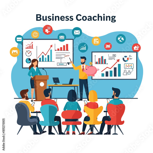 Business coaching seminar with speaker holding piggy bank and audience