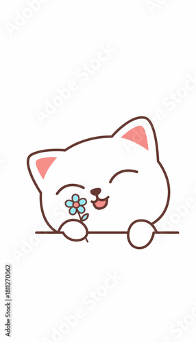 A charming cartoon white cat with pink ears happily smelling a delicate blue flower, peeking over a line.