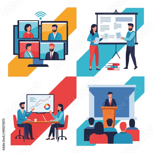 Business meeting concept with video conference and presentation