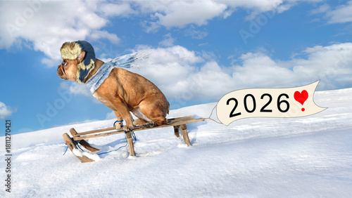 happy new year 2026, cute dog is riding a sledge