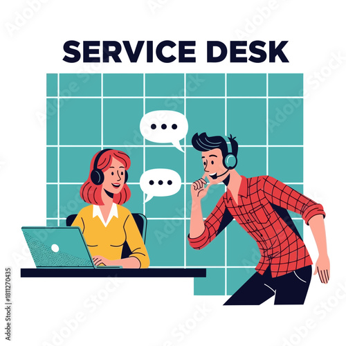 Service desk staff communicating via headset and speech bubble