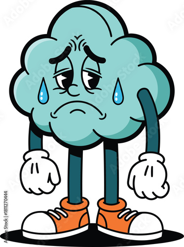 A sad crying anthropomorphic cartoon cloud character with droopy eyes and orange sneakers.