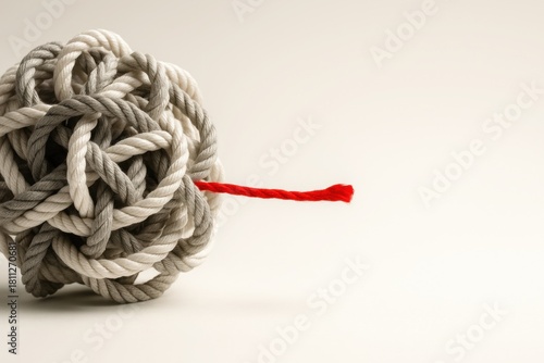 Tangled rope ball with a single red thread on neutral background