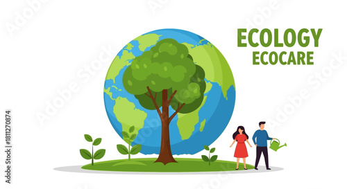 Couple caring for a large tree in front of the planet Earth, a vector concept for environmental conservation and sustainability