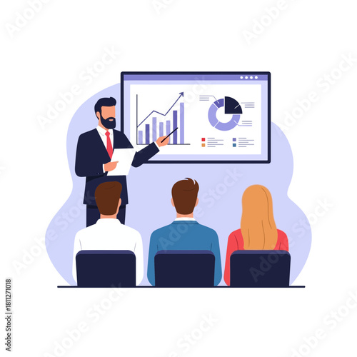 Businessman presenting chart and graph to seated audience members