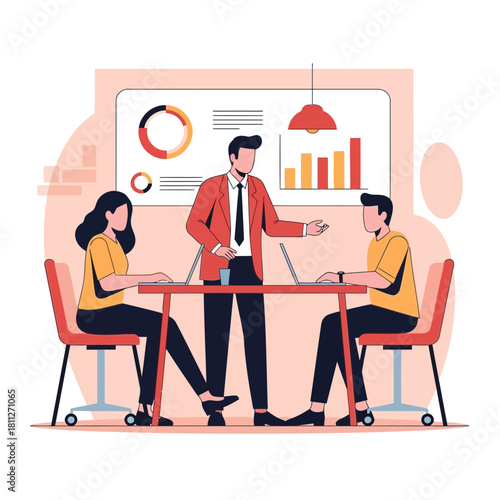 Business leader presenting data to two colleague at table isolated on white