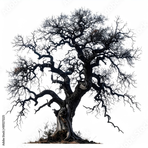 Bare tree with twisted branches against a white background