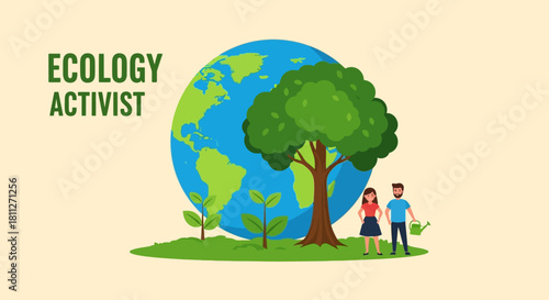 Caring for the Earth Illustration of individuals actively engaged in environmental conservation and global green initiatives